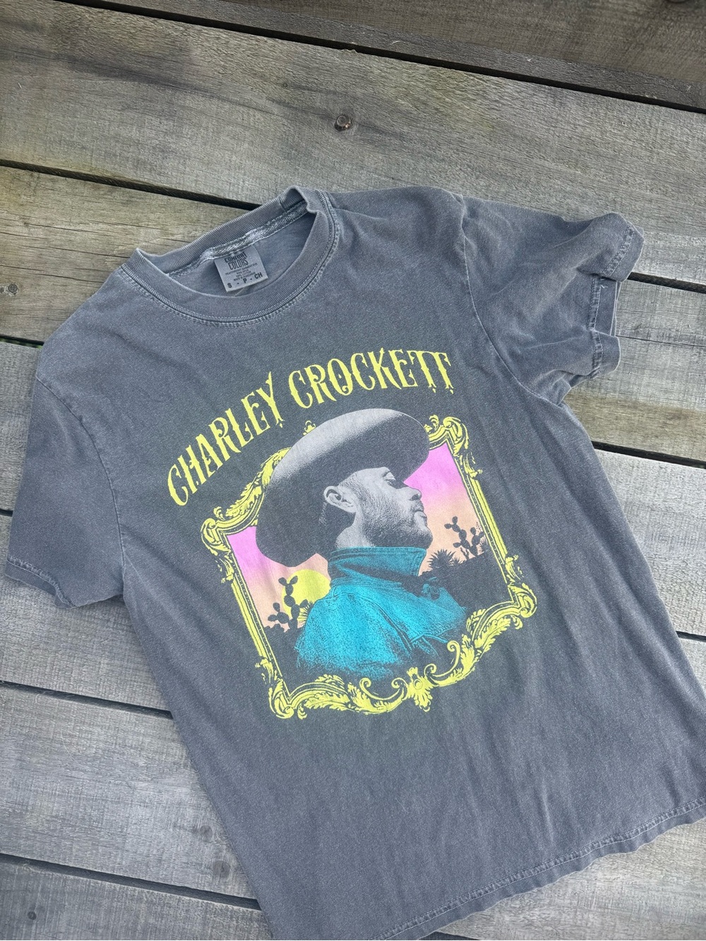Comfort Colors Charley Crockett Tee - Gray with Teal & Yellow Print